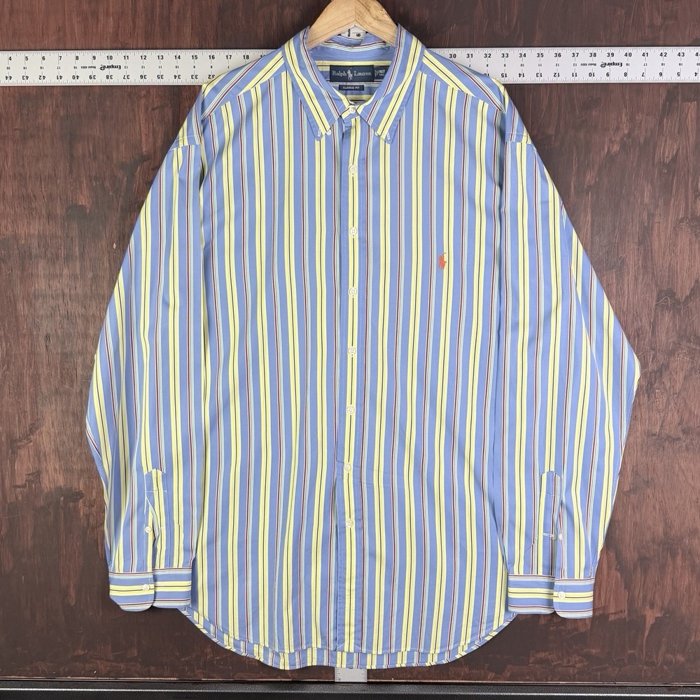 Ralph Lauren Classic Fit‎ Striped Button Down Shirt Blue Yellow Men 2XLT Vintage